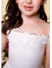 Off Shoulder Ivory Lace Applique Tulle Flower Girl Dress